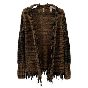 BKE Womens Fringed Wool Blend Open Cardigan Sweater Brown Size Medium
